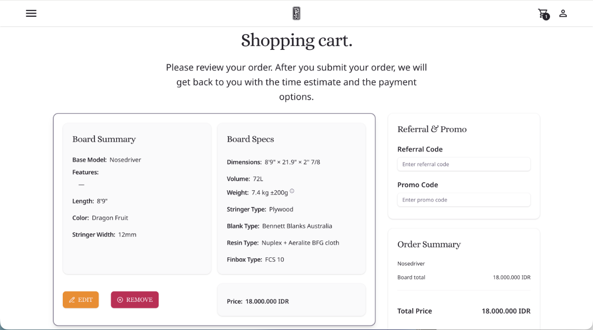 Cart view aggregating boards, products, and pricing logic.