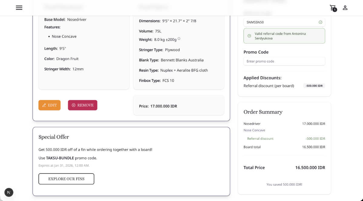 Cart with referral code applied and discounts calculated.