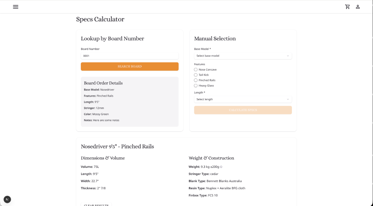 Specification calculator based on board number or base and features combinations.