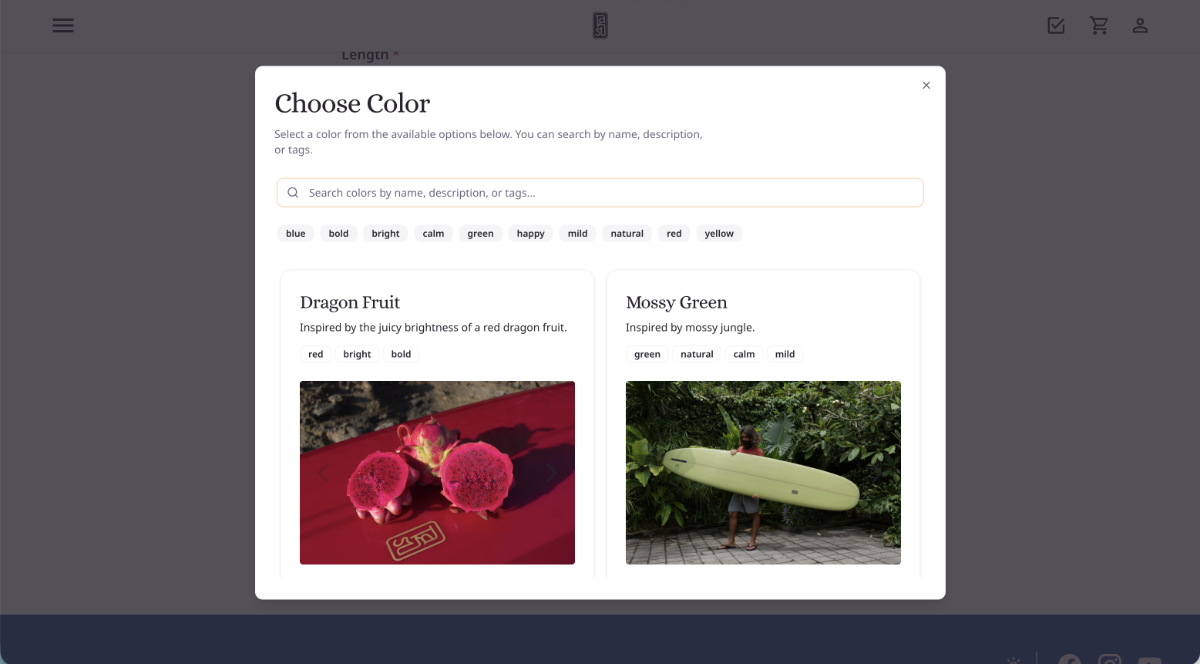 Board color picker with searchable tags and previews.
